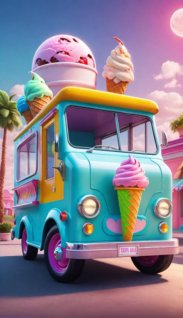 an ice cream truck with two scoops of ice cream on the front and one cone on the back