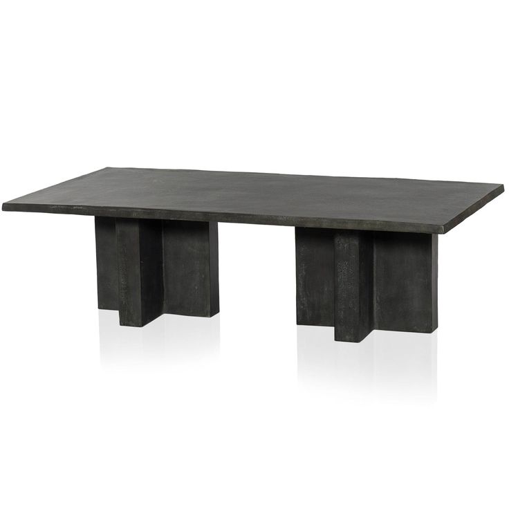 a black table with two legs and a long rectangular top, on a white background