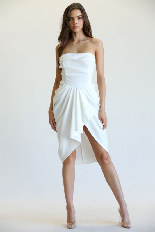 STYLED BY ALX COUTURE MIAMI BOUTIQUE White Pleated Draped Skirt Dress Pleated Asymmetrical Fitted Skirt, Fitted Midi-length Draped Skirt For Summer, Spring Fitted Midi-length Draped Skirt, Fitted Midi Draped Skirt For Summer, Fitted Midi-length Draped Skirt For Spring, Spring Fitted Midi Draped Skirt, Summer Fitted Midi Draped Skirt, Chic Fitted Draped Midi Skirt, Summer Midi Length Draped Skirt