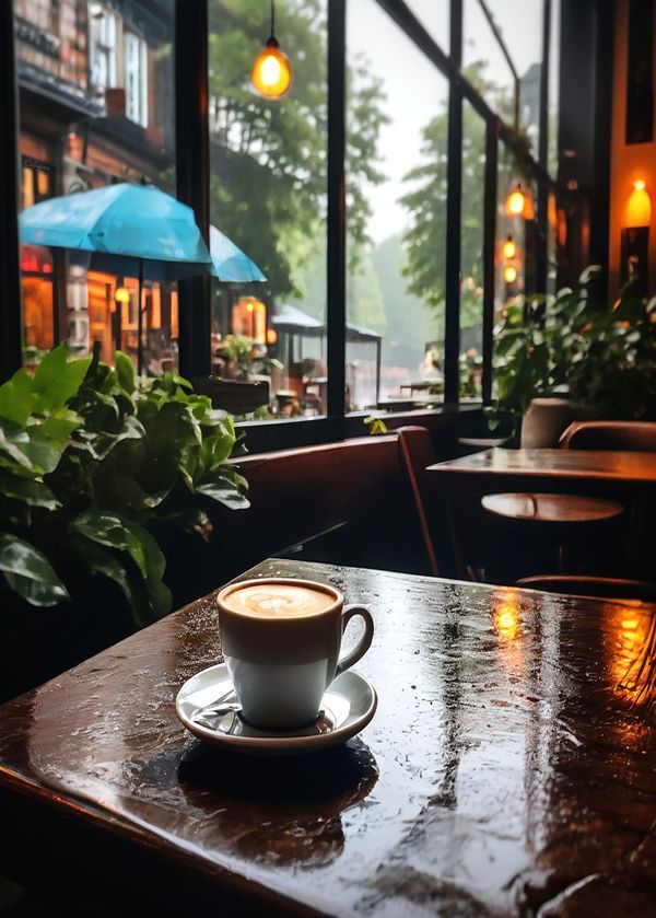 a cup of coffee sitting on top of a wooden table in front of a window