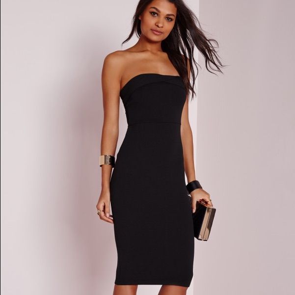 Sexy Strapless Black Midi Bodycon Dress! Bodycon Backless Strapless Dress For Date Night, Sleek Bodycon Strapless Dress For Party, Sleek Bodycon Strapless Dress For Night Out, Sleek Strapless Bodycon Dress For Night Out, Sleek Strapless Bodycon Mini Dress, Sleek Bodycon Strapless Dress For Date Night, Black Strapless Bandage Dress For Date Night, Sleek Strapless Bodycon Dress, Strapless Black Bandage Dress For Date Night