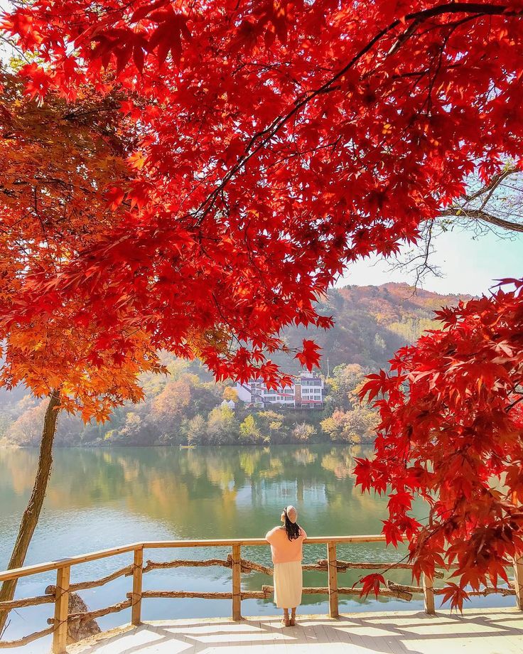 a woman standing on a bridge looking at the water and trees with red leaves around her