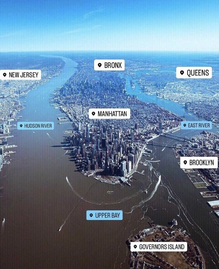 an aerial view of manhattan and upper bay in new york city, with the name brooklyn on it