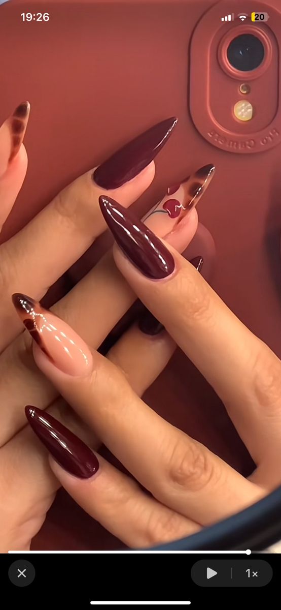 Fall Nails Cherry Mocha, Burgundy Nails Christmas, Fall Acrylic Nails Burgundy, Red Brown Almond Nails, Mocha Cherry Nails, Dark Brown Acrylic, Cherry Mocha Nails Design, Cherry Wine Nails With Design, Red Wine Nails Acrylic