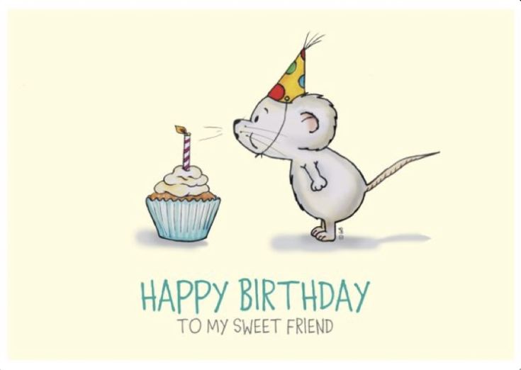 a happy birthday card with a cartoon mouse blowing out the candles on a cupcake