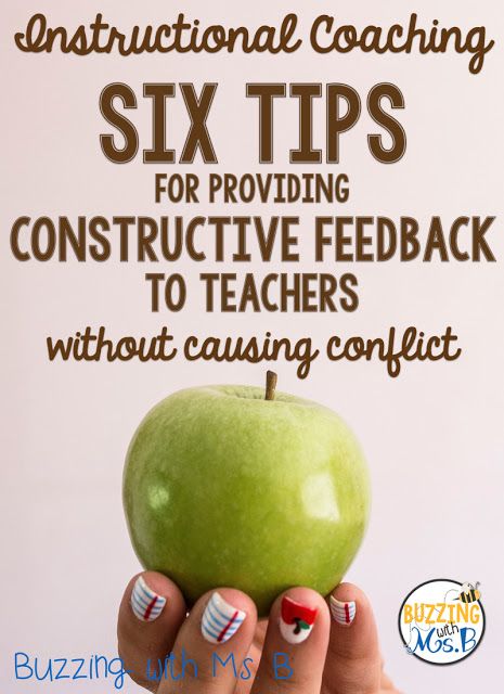 a woman holding an apple in her hand with the words instructional coaching six tips for providing constructive fed back to teachers without causing conflict