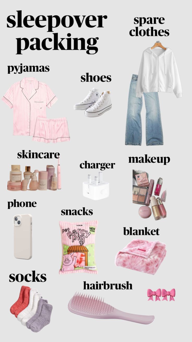 a poster with the words sleepover packing and other things to pack in it, including shoes