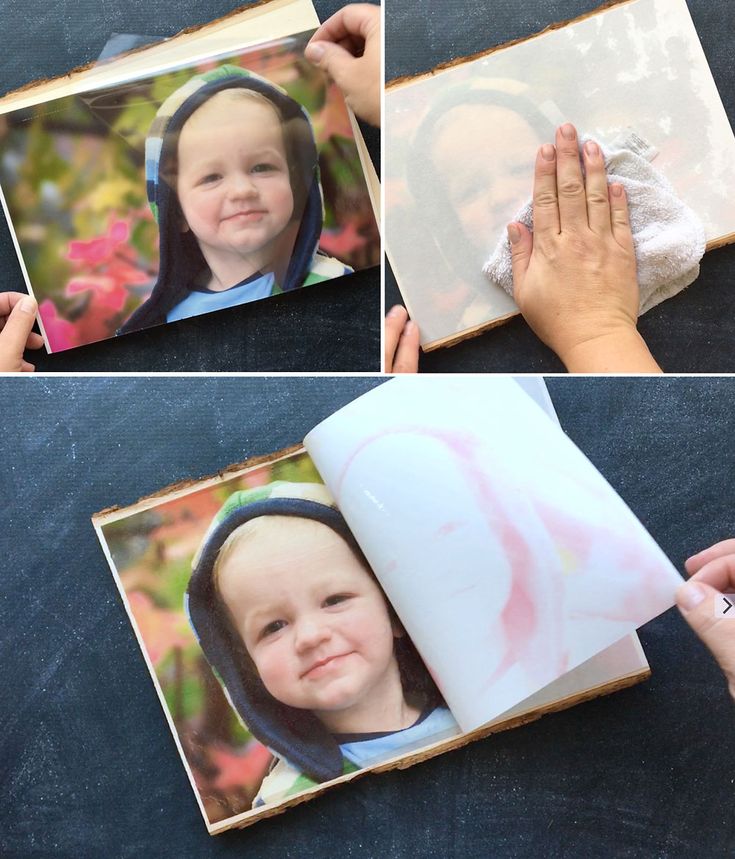 three pictures of a child holding a book