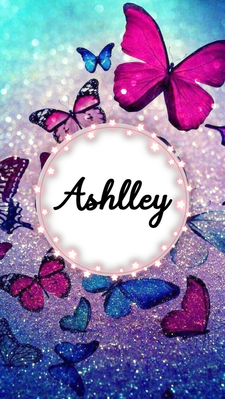 the name ashley surrounded by butterflies on a blue and purple background with sparkles