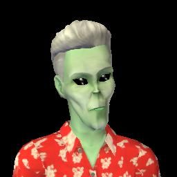 an alien man with white hair and green skin wearing a red flowered shirt is looking at the camera