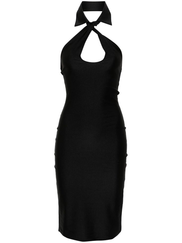 black stretch-design satin weave halterneck classic collar sleeveless open back straight hem mid-length unlined Luxury Sleek Fitted Halter Dress, Luxury Fitted Halter Neck Slip Dress, Elegant Black Halter Neck Slip Dress, Sleek Black Halter Neck Bodycon Dress, Luxury Black Stretch Halter Top, Satin Midi Dress, Black Stretch, Black Midi Dress, Top Brands