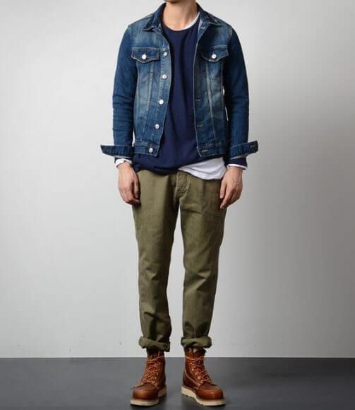 Men's Workwear Fashion, Men Workwear, Navy Denim Jacket, Mens Fashion Blog, Workwear Fashion, Denim Jacket Men, Green Pants, 가을 패션, Mens Casual Outfits