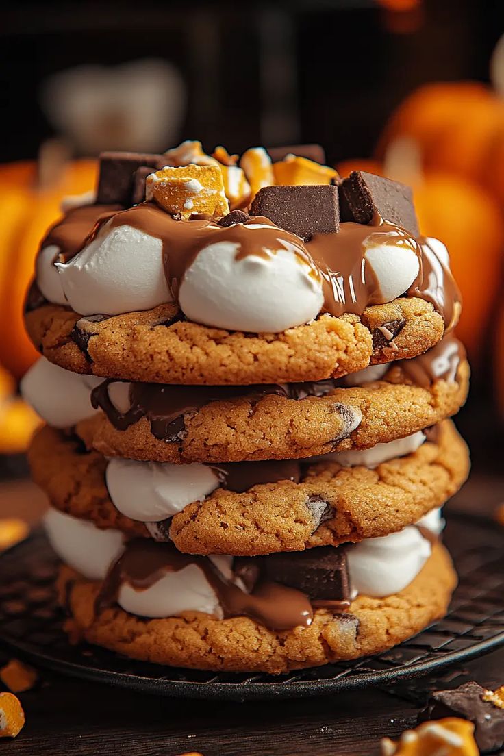 a stack of cookies topped with marshmallows and chocolate