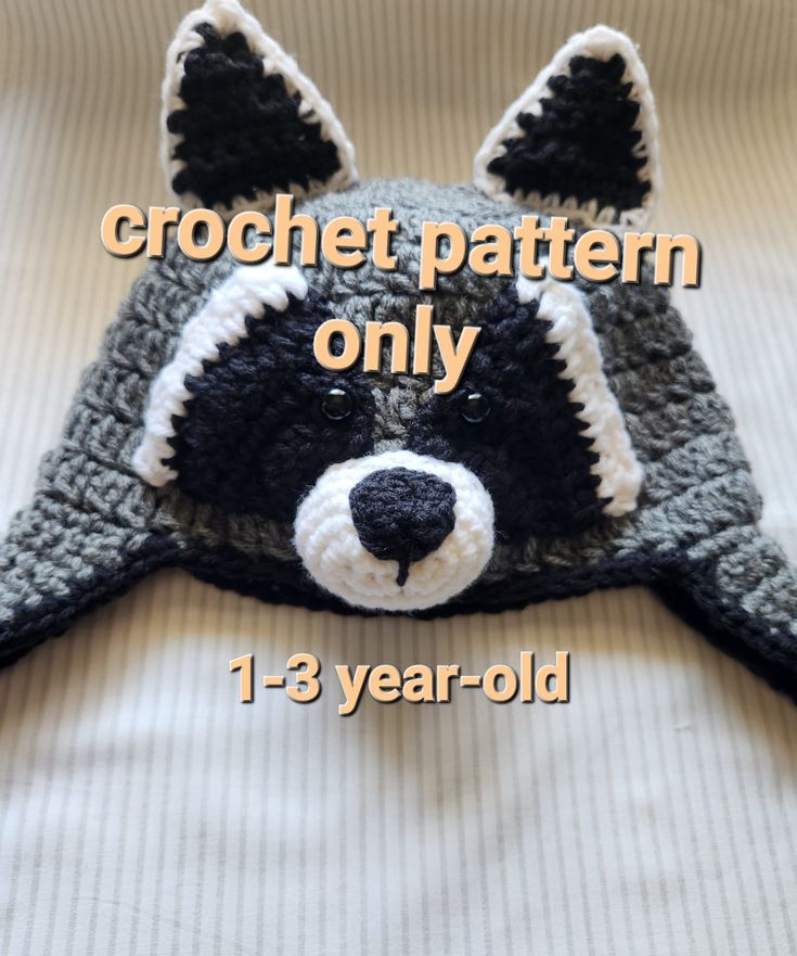 Pattern for 1-3 year old crochet racoon hat. Crochet Racoon, Raccoon Hat, Crochet Kids Hats, Racoon, Crochet For Kids, Kids Hats, Hat Pins, Learn To Crochet, Hat Pattern