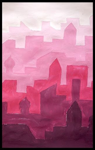 an abstract painting of a cityscape in pink and red