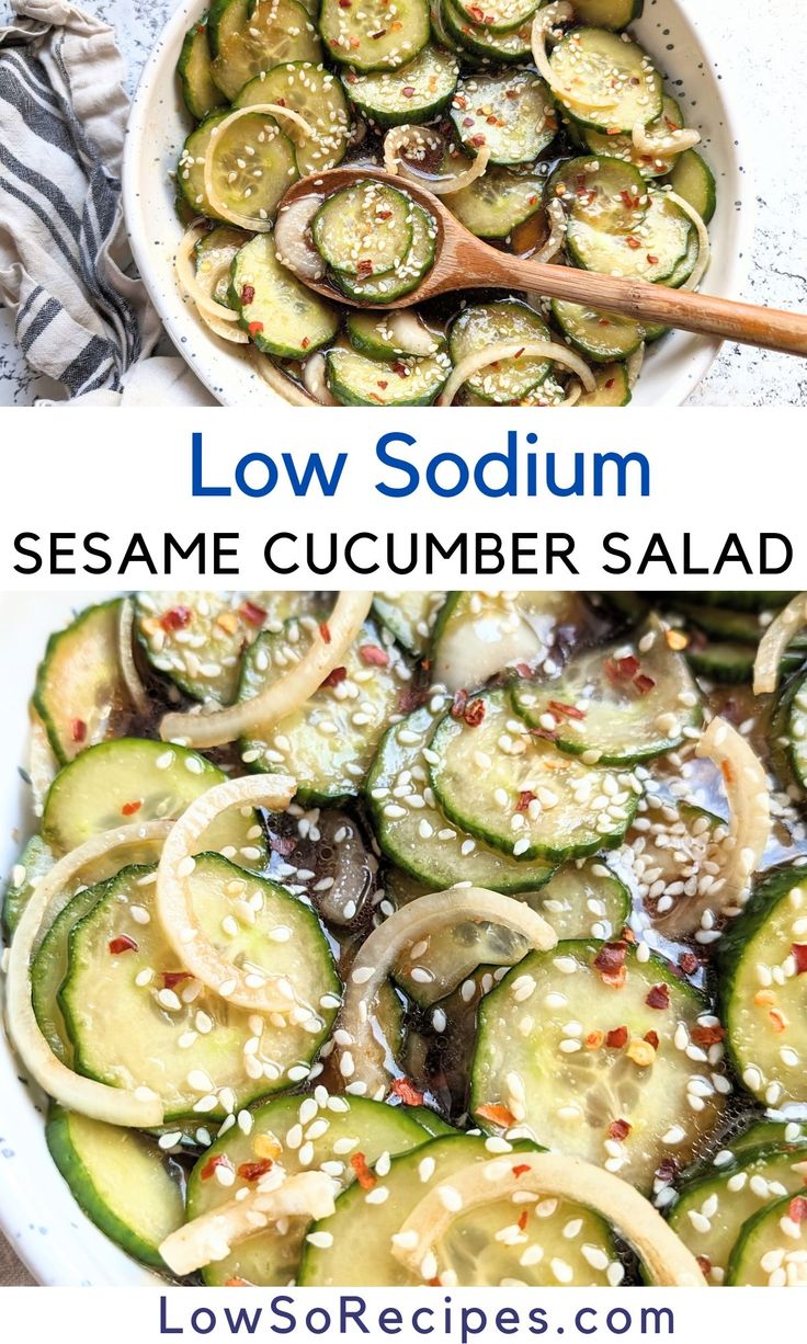 two pictures side by side with different types of vegetables in them and the words low soum sesame cucumber salad