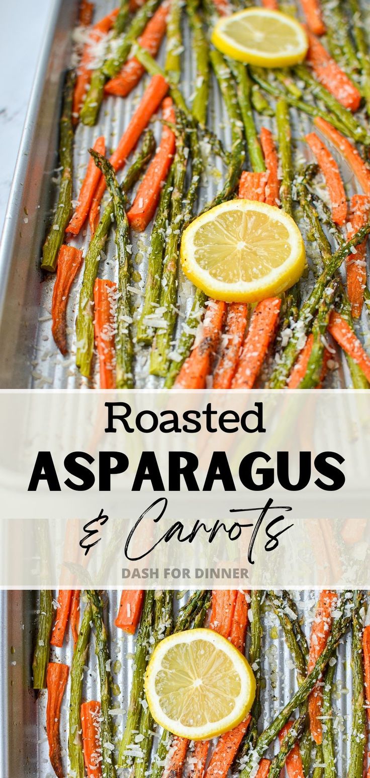 roasted asparagus and carrots with lemon on top