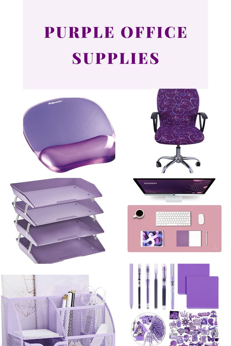 the purple office supplies are organized and ready to be used as desks or chairs