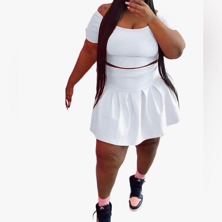 Brand New Plus Size Casual Fitted Skirt By Amazon, Amazon Casual Fitted Skirt, Pleated Skirt Plus Size, Summer Two Piece Outfits, Skirt Set Two Piece, Mini Skirt Set, Pleated Tennis Skirt, Clothing Summer, Off Shoulder Top