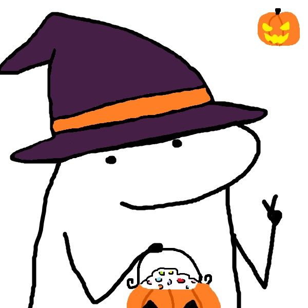 a drawing of a polar bear wearing a witch hat and holding a pumpkin in his hand