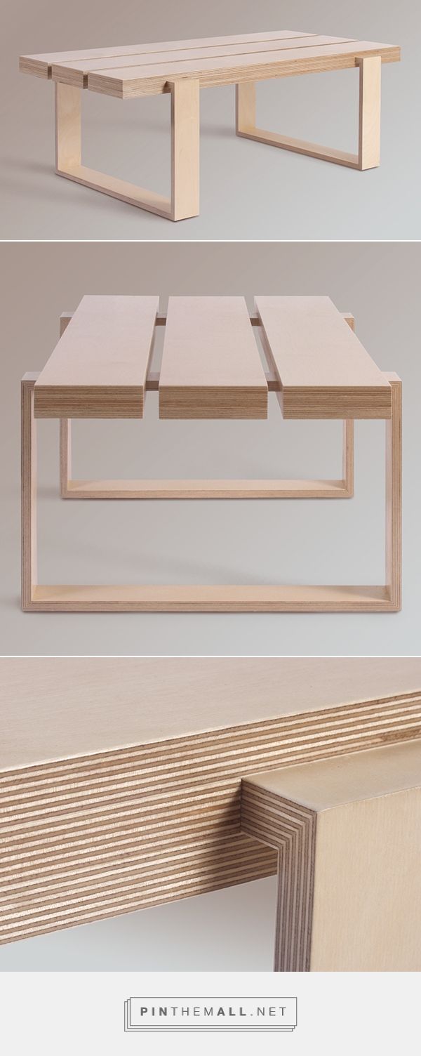 three different views of a coffee table made out of plywood and plywood planks