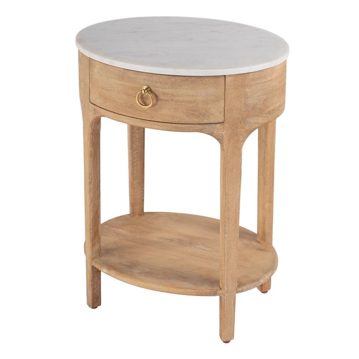 a wooden table with a white marble top and two drawers on one side, against a white background