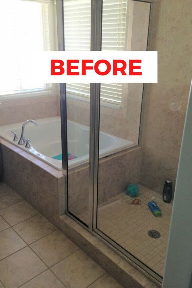 before and after shot of a bathroom with tile flooring, shower stall and tub