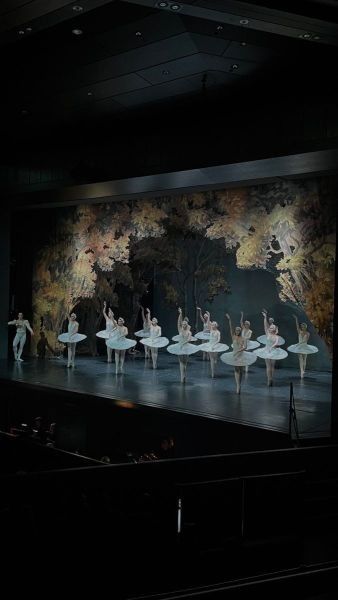 dancers on stage in white tutus with trees behind them