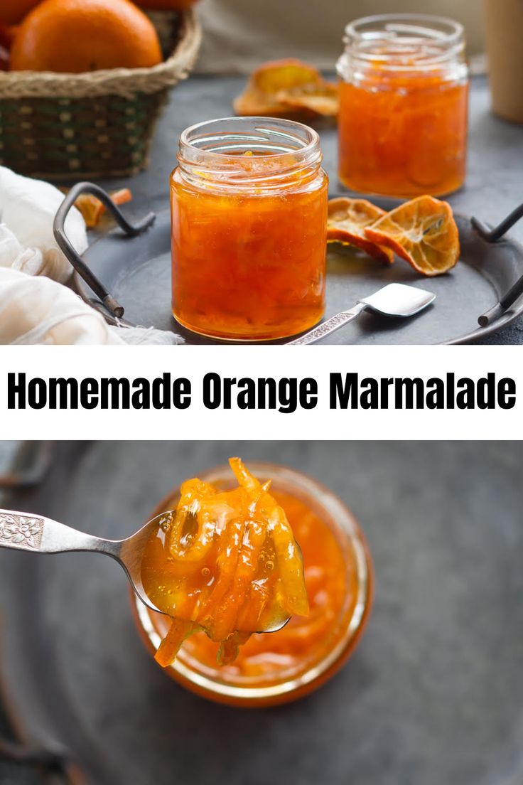 homemade orange marmalade in jars with spoons