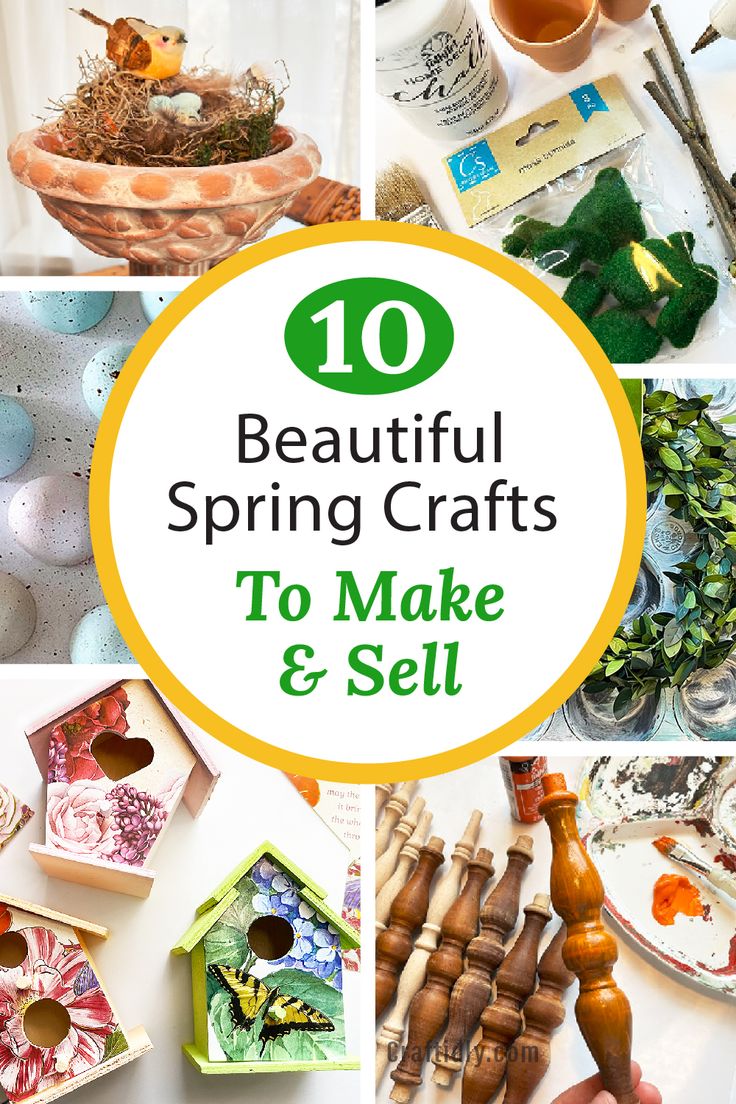 Photo of snippet photos of six out of ten easy spring crafts you can make and sell. Crafts include bird houses decorated with old greeting cards and an old muffin tin turned into a beautiful spring wreath. Spring Garden Crafts, Sellable Crafts, Springtime Crafts, Spring Wood Crafts, Diy Spring Crafts, Easy Crafts To Sell, Trending Crafts, Craft Projects For Adults, Random Crafts