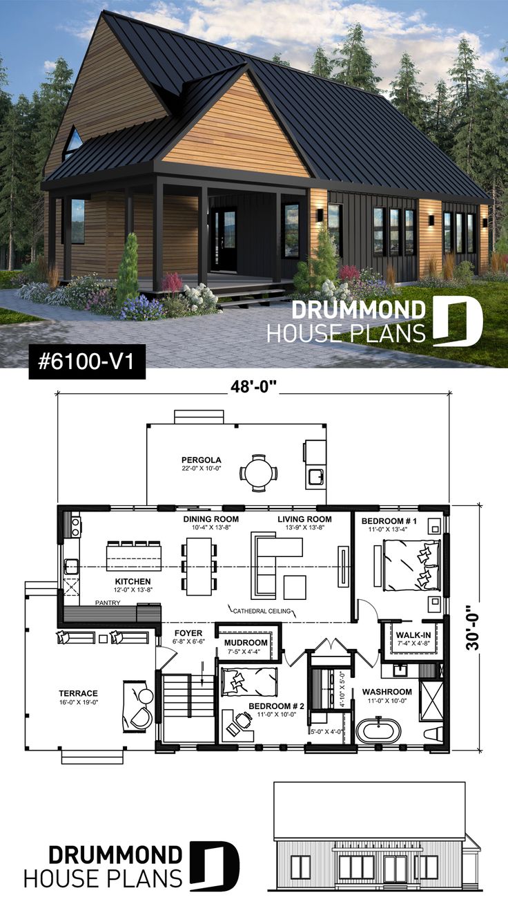 the floor plan for a small house with two levels and an open living area on one level