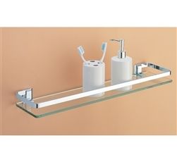 a bathroom shelf with two toothbrushes and soap dispensers on it