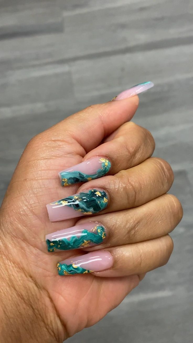 Nail Designs March, Green Marble Nails, Teal Acrylic Nails, Emerald Nails, March Nails, Gold Acrylic Nails, Aqua Nails, Green Acrylic Nails, Teal Nails