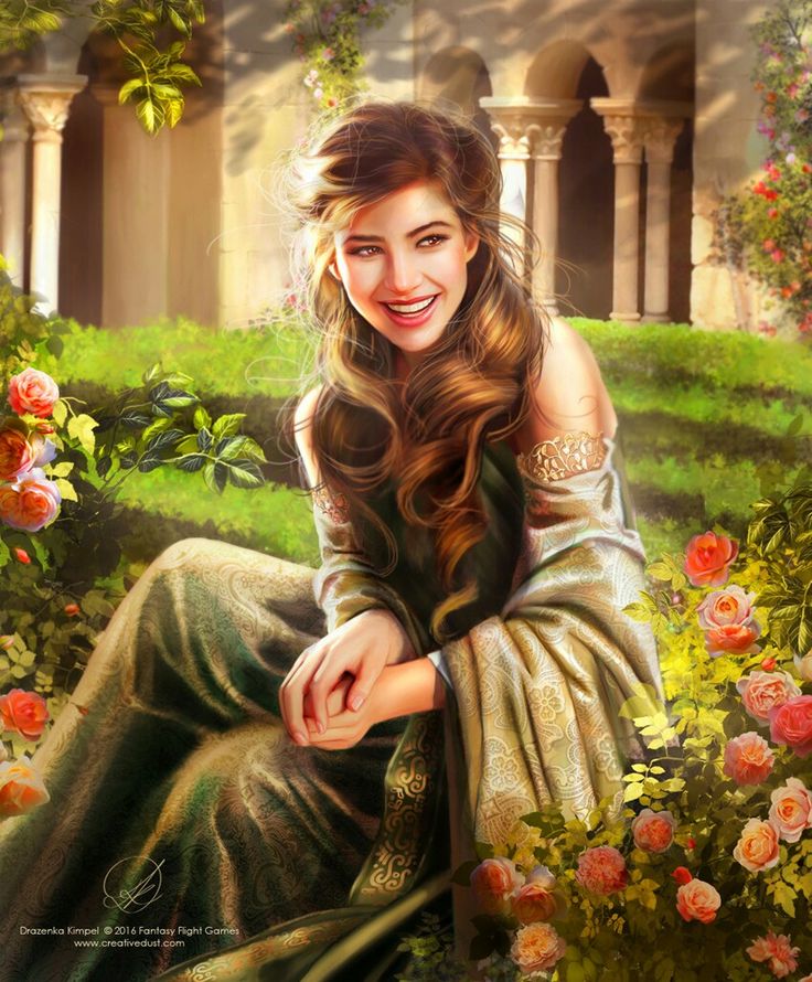 a painting of a woman sitting on the ground in front of flowers and trees with roses around her