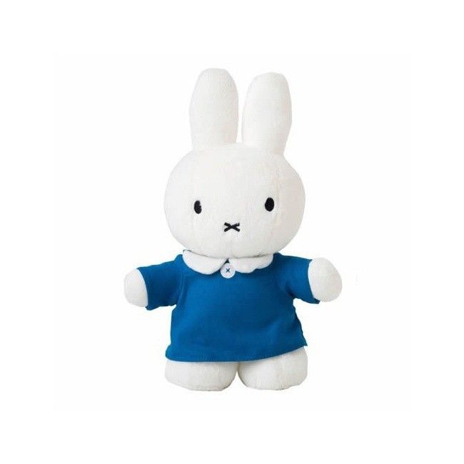 a white rabbit stuffed animal wearing a blue shirt