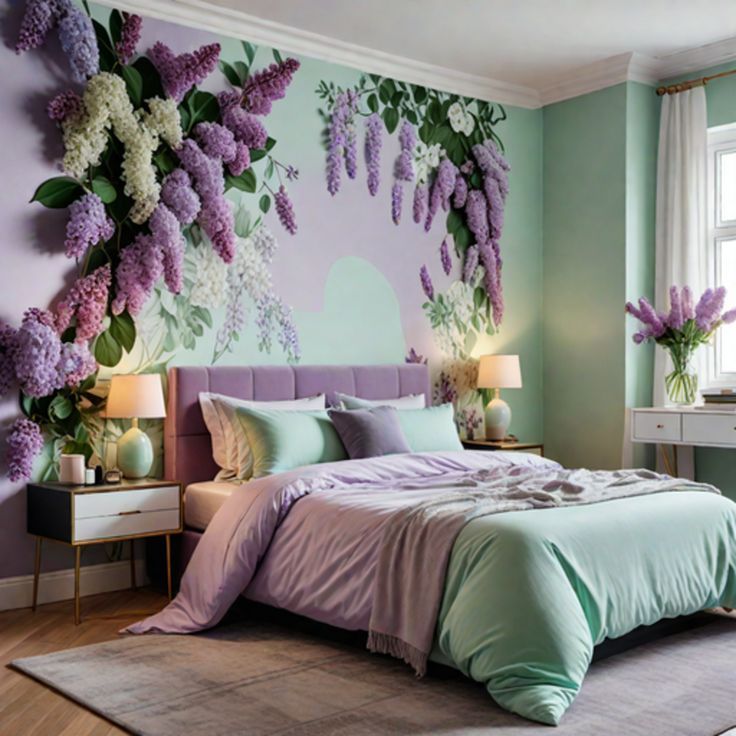 a bedroom decorated in pastel colors with lilac flowers on the wall and bed