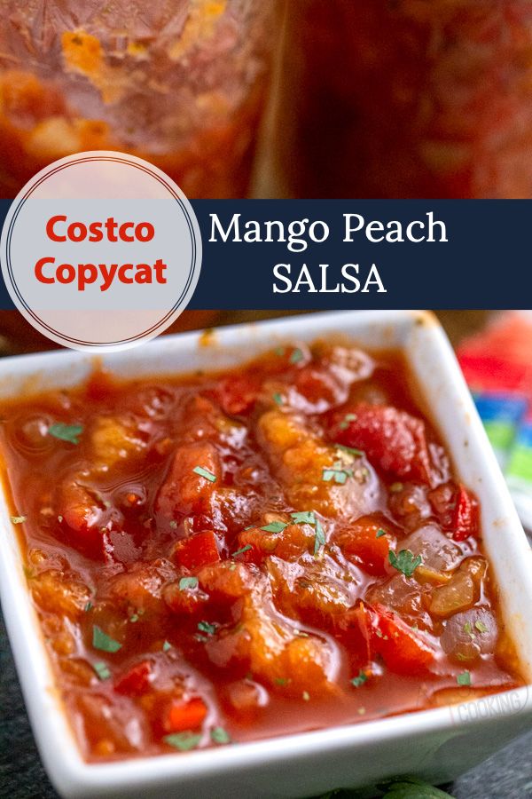 a close up of a bowl of food with text overlay that reads costco copycat mango peach salsa