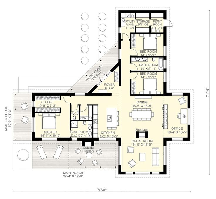 the floor plan for a modern house with two levels and three bedroom, an open living area