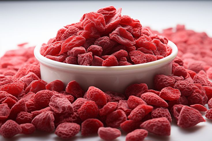 a white bowl filled with raspberries next to a pile of red candy flakes