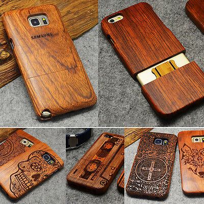 four different views of wooden cases for samsung phones