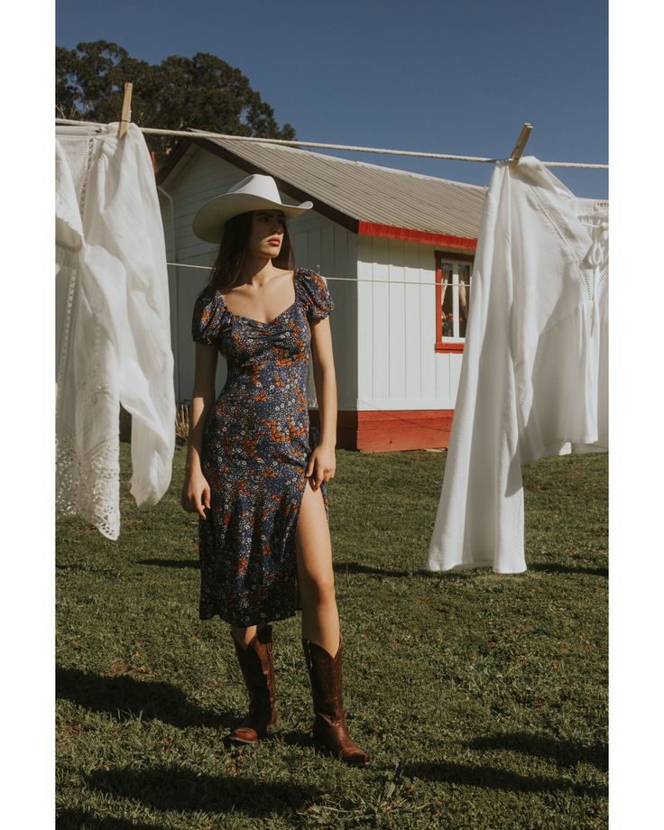 Midi Dress Boots, Dresses To Wear With Cowboy Boots, Country Western Dresses, Queen Anne Neckline, Dresses With Cowboy Boots, Farm Dress, Dress Boot, Puff Sleeve Midi Dress, Boot Barn