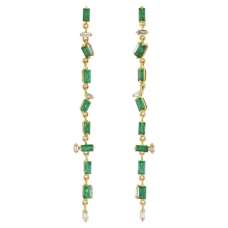 Emerald Diamond 18 Karat Gold Linear Earrings For Sale at 1stDibs Fine Jewelry Baguette Cut Emerald Earrings, Long Duster, Lovely Jewellery, Top Seller, Emerald Diamond, Ear Jewelry, Sparkle Diamonds, Long Earrings, Beautiful Earrings