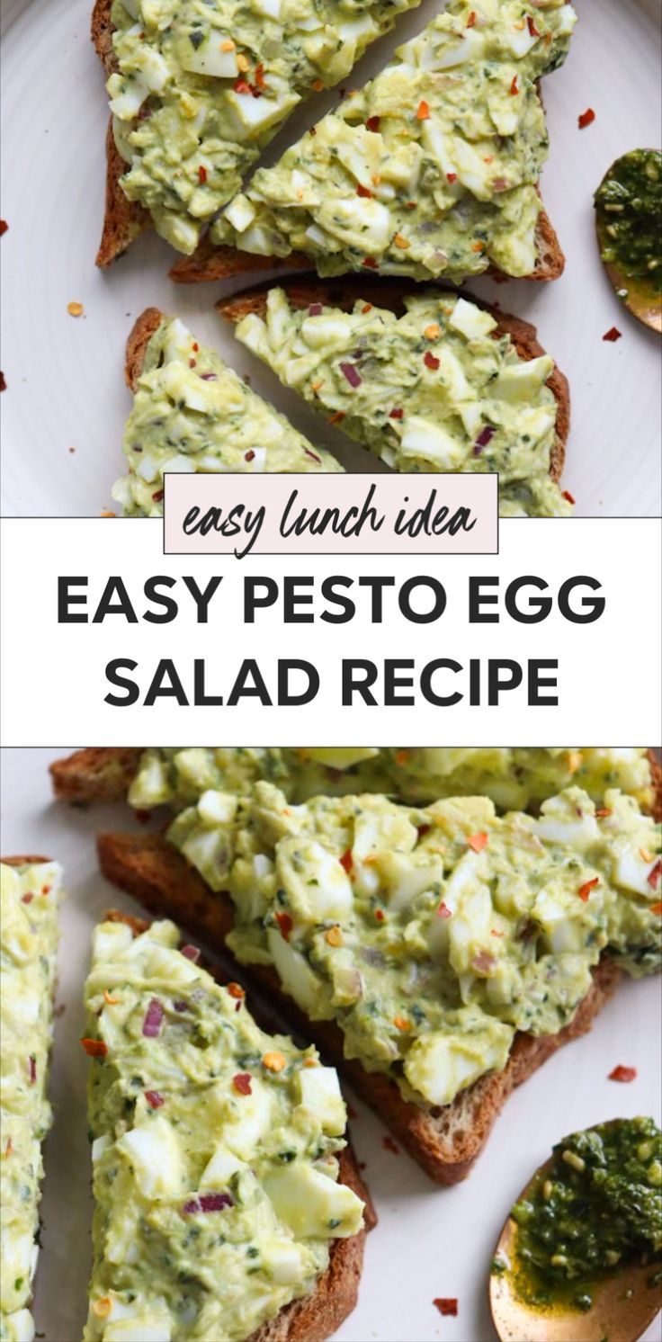 easy lunch idea for egg salad recipe on toasted bread with pesto and cheese