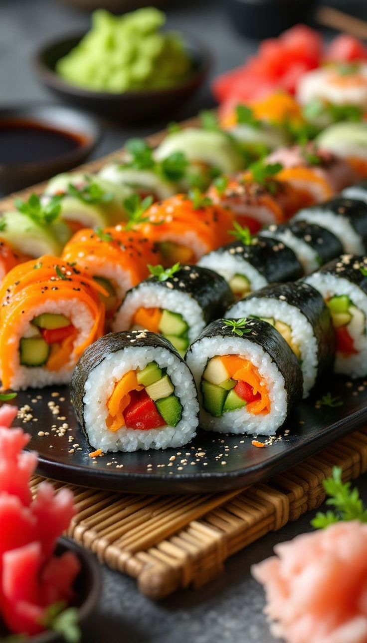 sushi platter with various types of vegetables and sauces