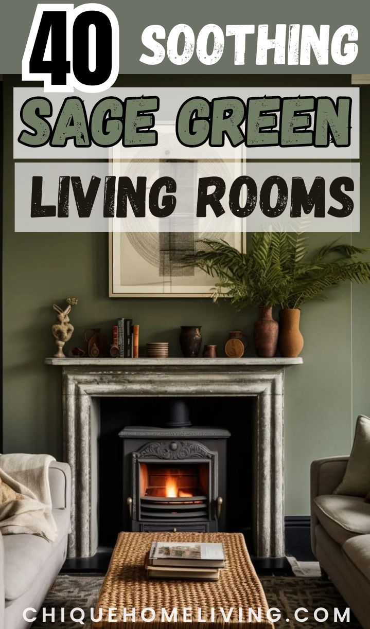 living room with fireplace and couches in front of it, text overlay reads 40 soothing sage green living rooms