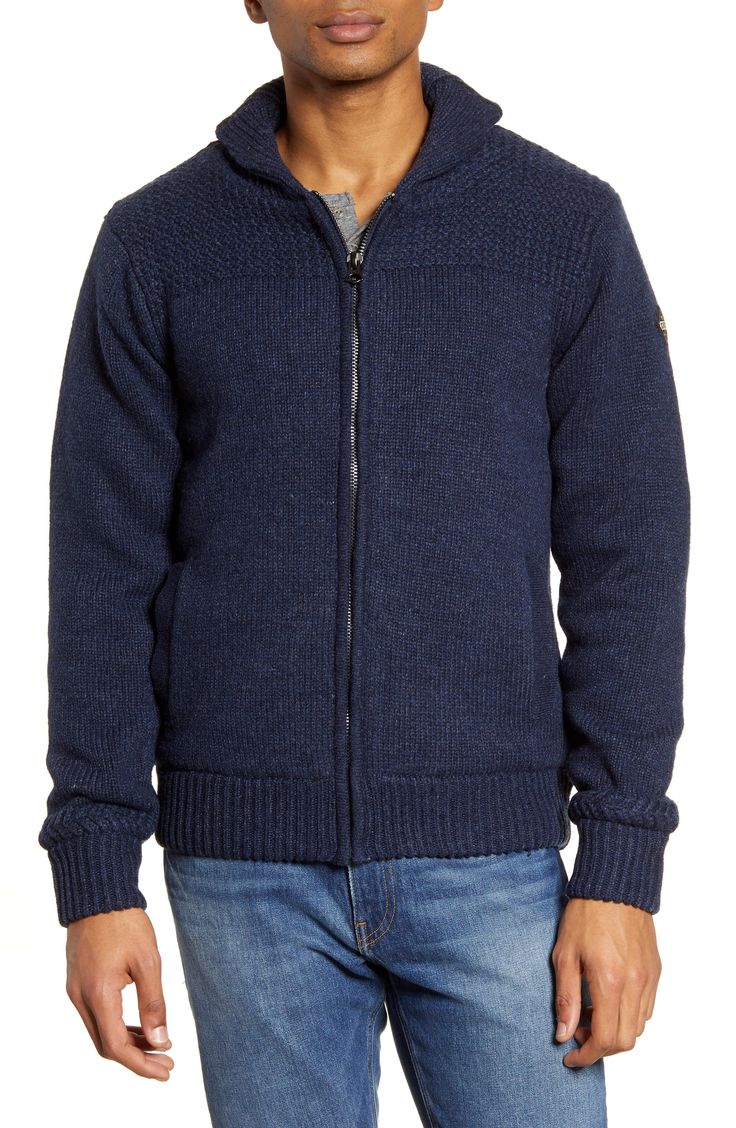 Incredibly soft, plush fleece warms a hearty knit wool-blend sweater topped with a ribbed shawl collar you can fold up for more neck protection. Style Name:Schott Nyc Lined Wool Zip Sweater. Style Number: 5237388.