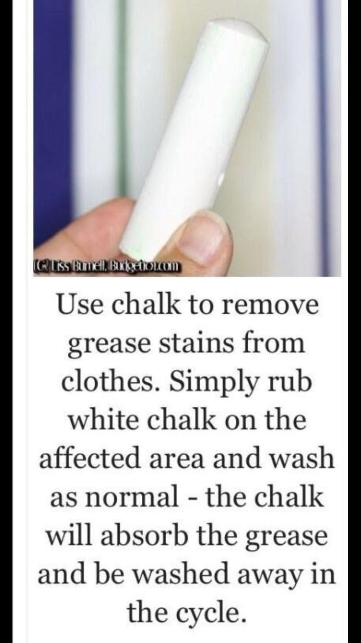 a person holding a white object in their right hand and the caption reads use chalk to remove grease stains from clothes simply rub