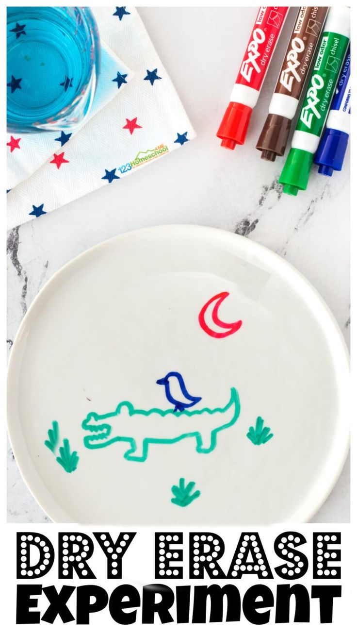 a plate that has some crayons on it with the words dry erase experiment