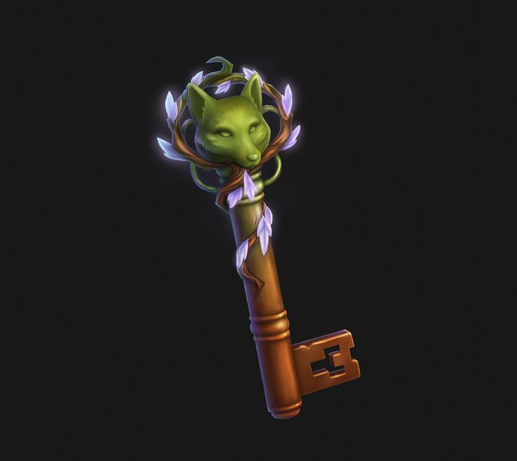 a green and orange key with an animal head on it's handle, in the dark