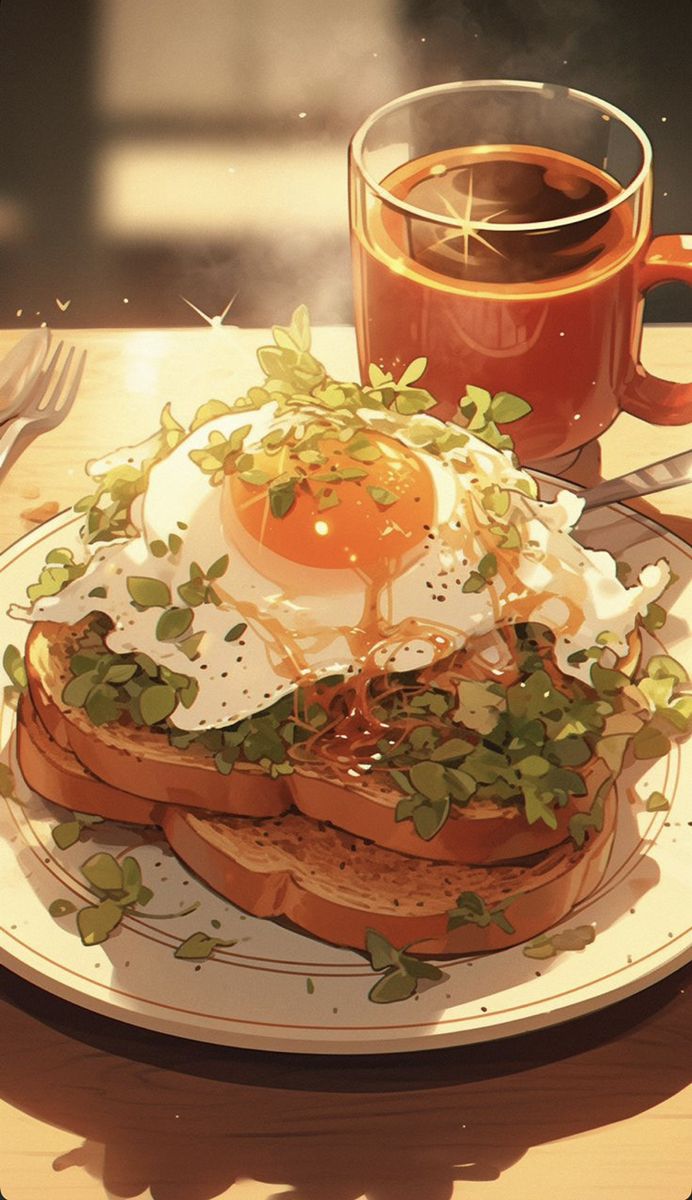 an egg and toast sandwich on a plate next to a cup of coffee